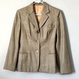Vintage fitted blazer, green and gold, wool, 3 button, slit pockets, XS or XXS.